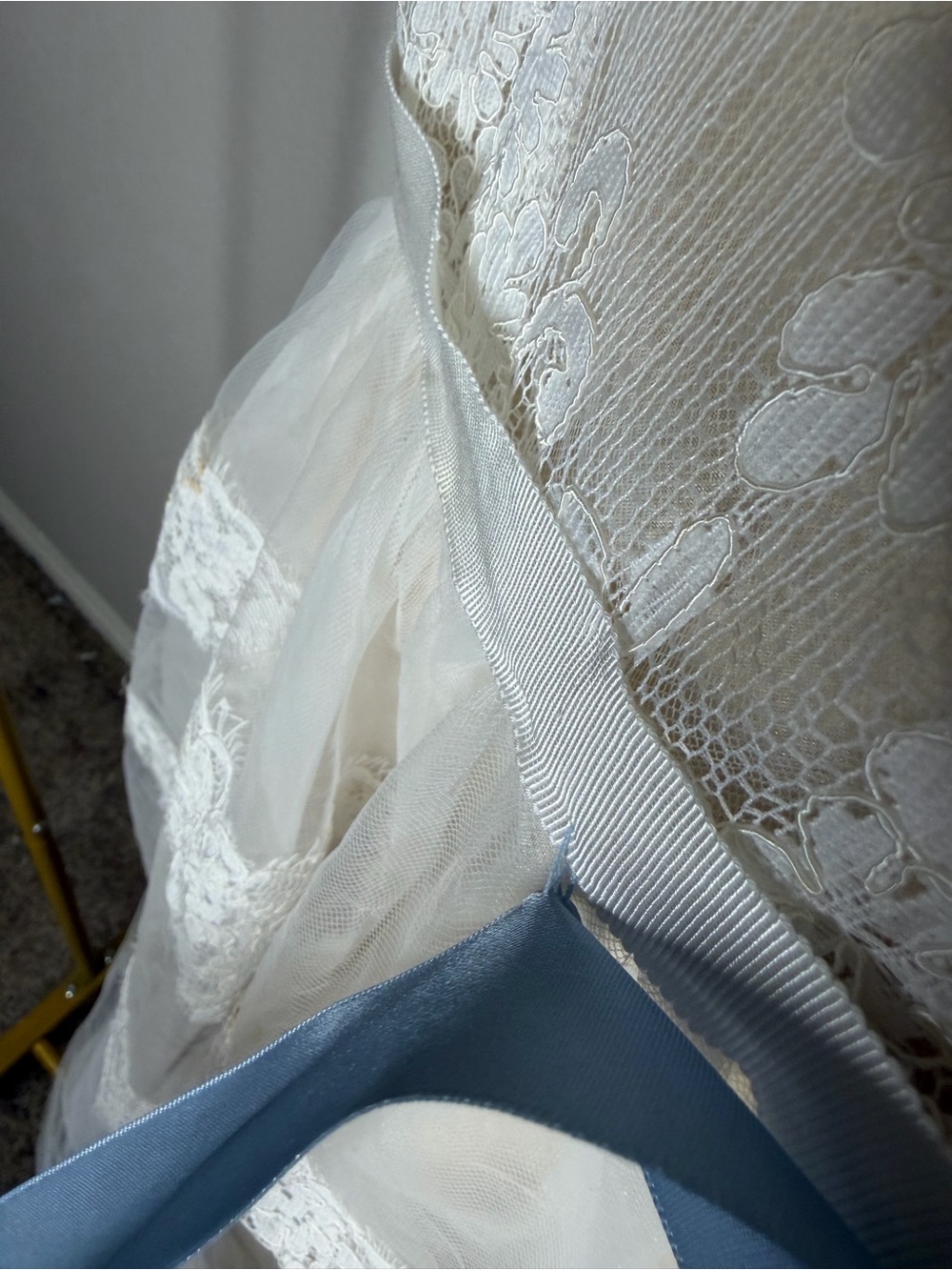 Ivory Lace Tulle Kids Dress with Blue Sash Flow David Bridal Lace Illusions - Picture 4 of 6